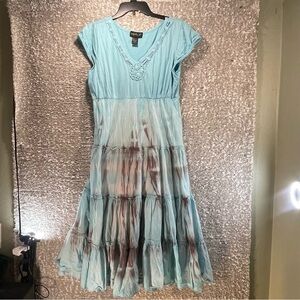 Lola P. Women Blue Tiered Midi Dress Tie Dye Large Peasant Boho Crochet Details